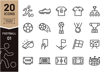 サッカー・フットボールのアイコンセット（20種類・シンプル線画）