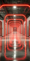 Red Neon Arches in a Data Center An Abstract and Futuristic Perspective