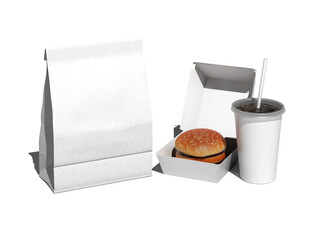 White Blank Fast Food Branding Packaging Mockup of Paper Bag Food Box and Paper 3D Rendering