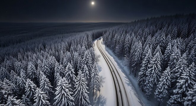 Snowy Winter Road Through Forest.