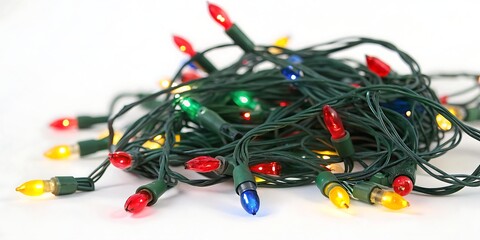 A tangled mess of colorful christmas lights with red green yellow and blue bulbs on a white background ready for holiday decoration