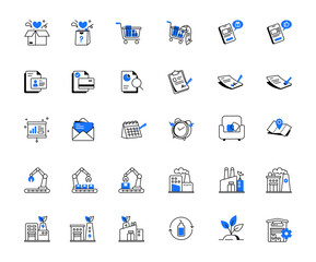Illustration Icon Set with Line and Partial Fill Color Highlights. Covering E-commerce, Business, Marketing, Industry, Factory, Environment, and More Themes.