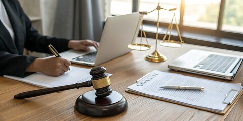 Lawyer working at desk with laptop gavel and scales of justice symbolizing legal proceedings and professional legal services