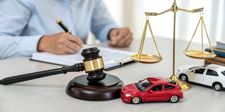 Justice for auto accidents gavel scales of justice and toy cars symbolize legal representation and resolution
