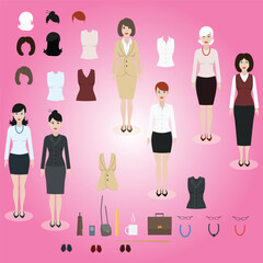 Flat Style Office Woman Character Set with Accessories and Clothes Options