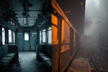 Hyper-realistic animation split‑scene interior of burnt metro car with hanging wires and foggy light