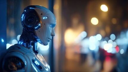 Fototapeta premium A robot security guard patrolling an office building at night, a scene of future automation.