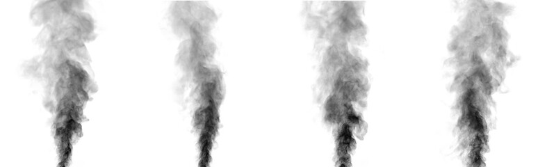 Realistic smoke clouds rising on white background, isolated collection showing soft dark vapor textures. Perfect for fire, pollution, steam, burning, abstract design, and dramatic visual effects.