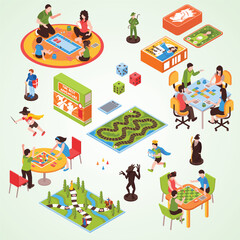 Isometric Group Enjoying Different Board Games and Miniature Figurines Collection