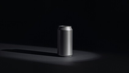 Standing plain aluminum beverage can casting long shadow on studio floor, with focused spotlight