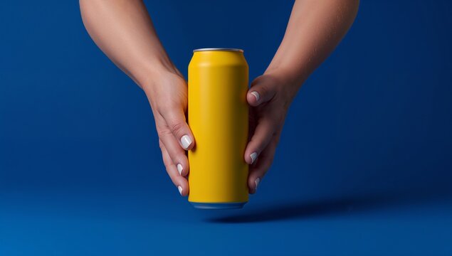 Displaying well-manicured hands holding yellow aluminum can against blue backdrop, minimal design - Powered by Adobe