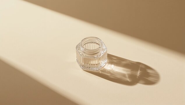 Featuring faceted clear glass jar casting warm highlight and soft shadow on studio desk, geometry
