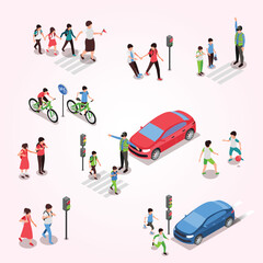 Isometric Illustration City Street Scene with Children, Car, and Traffic