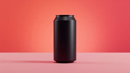 Standing matte black aluminum beverage can resting on studio tabletop, with red gradient backdrop