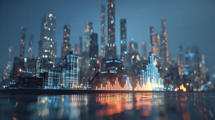 Naklejka premium A futuristic cityscape glows revealing innovation and progress with luminous skyscrapers reflecting on sleek wet