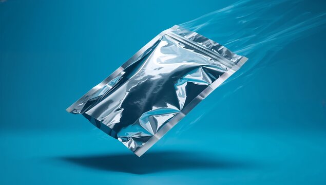 Displaying reflective foil pouch bag hovering over studio blue backdrop, with zip-lock seal - Powered by Adobe