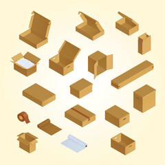 Isometric Detailed Brown Cardboard Boxes and Packing Material Set Illustration