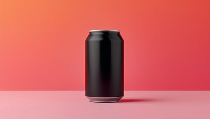 Standing matte black beverage can on pink surface in studio setup with gradient backdrop