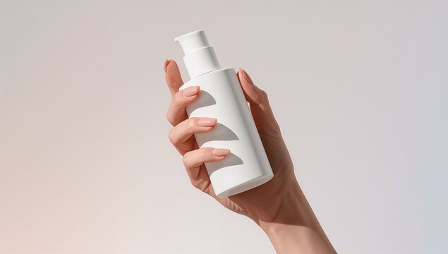 Gripping hand tilting white cylindrical plastic pump bottle against smooth grey to beige gradient