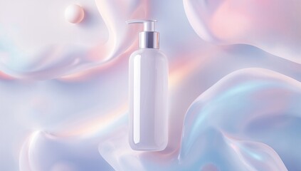 Showcasing white plastic dispenser bottle shining on pastel wave backdrop, highlighting silver pump