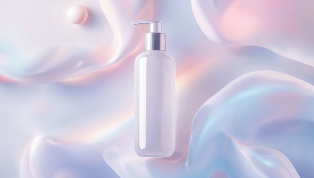 Showcasing white plastic dispenser bottle shining on pastel wave backdrop, highlighting silver pump