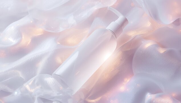 Resting white plastic pump dispenser bottle lying on iridescent fabric, soft glow - Powered by Adobe