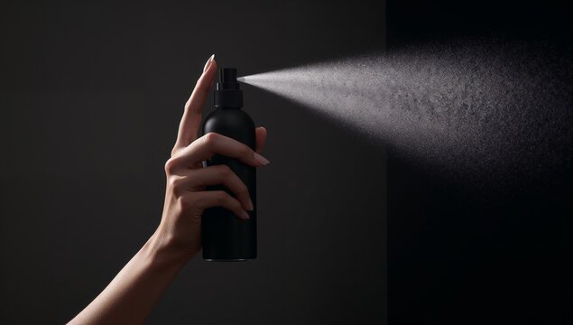 Spraying feminine hand holding matte black spray bottle, releasing mist in studio with droplets - Powered by Adobe
