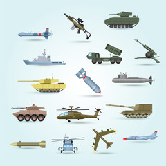 Flat Style Detailed Warfare Collection Vehicle and Weapon Isolated Illustration