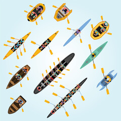 Top View Colorful Flat Illustration Various Boats and Kayaks Recreation © enggartiasto