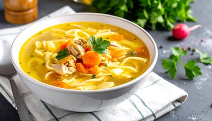 Bowl of chicken noodle soup with vegetables