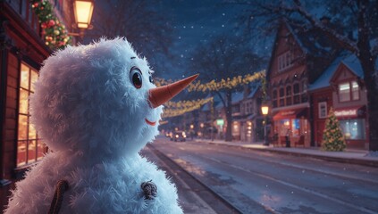 Snowman gazing down town street at night, with carrot nose, holiday lights and tree, copy space