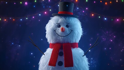 Standing snowman wearing black top hat and red scarf under multicolored lights in festive display
