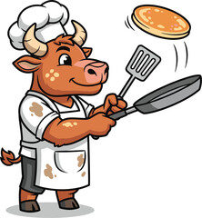Cute cartoon bull chef flipping a pancake in a frying pan