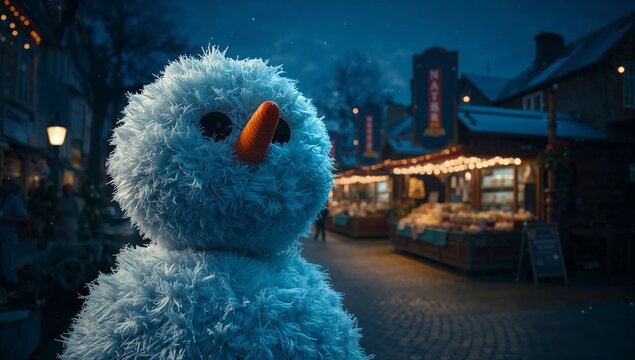Fluffy snowman standing in Christmas market at night, with carrot nose, button eyes, string lights