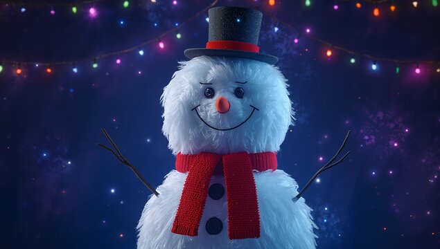 Standing snowman wearing black top hat and red scarf under multicolored lights in festive display