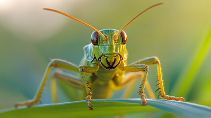 Naklejka premium Up close with a vibrant green grasshopper perched delicately on a leafy blade in nature