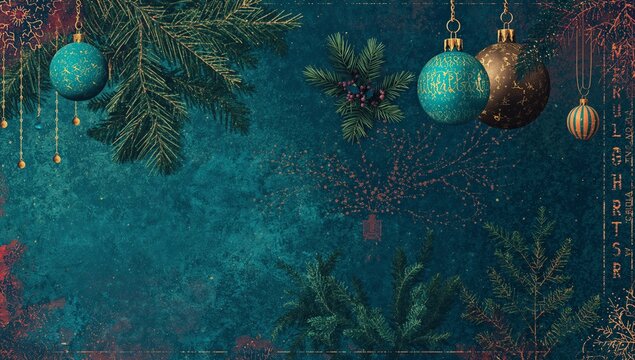 Displaying pine branches and three baubles on teal backdrop, with red berries and gold speckles - Powered by Adobe