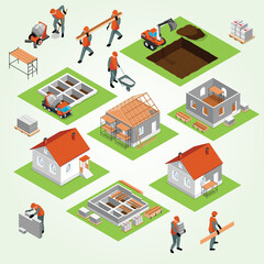 Isometric Stages Detail Home Construction Project Building Process Illustration