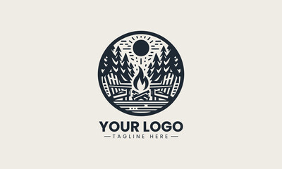 Fototapeta premium Inviting black and white vector logo of a campfire with an Adirondack chair in a forest, a cozy design
