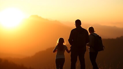 Family silhouette against a mountain sunset, evoking outdoor adventure and togetherness.