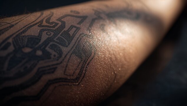 Focusing dark skin forearm showing bold black ink circuit tattoo in studio with glinting light - Powered by Adobe