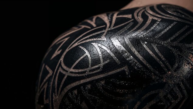 Tattooed shoulder and upper back showing geometric tribal tattoo patterns in studio, copy space - Powered by Adobe