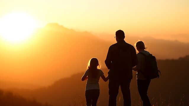 Family silhouette against a mountain sunset, evoking outdoor adventure and togetherness.