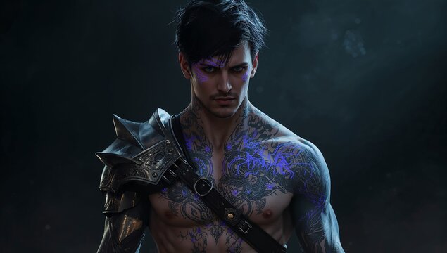 Standing shirtless warrior showing glowing purple tattoos in cavern, with metal pauldron and straps - Powered by Adobe