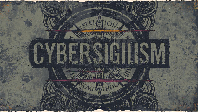 Displaying graphic showing CYBERSIGILISM text on compass rose emblem on parchment with muted lines - Powered by Adobe