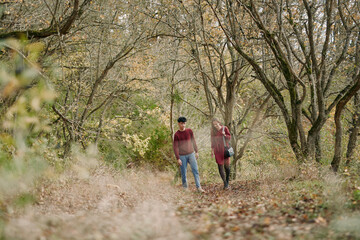 Naklejka premium A genuine moment unfolds in a quiet forest, as two people walk a leaf strewn path under soft autumn light, creating a believable and candid scene.