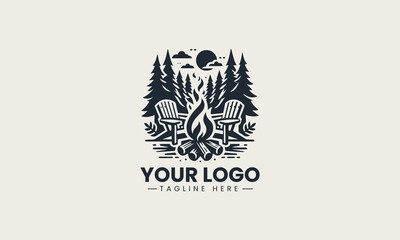 Obraz premium Inviting black and white vector logo of a campfire with an Adirondack chair in a forest, a cozy design