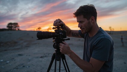 Photographer adjusting DSLR camera on tripod with telephoto lens under sunset sky, copy space
