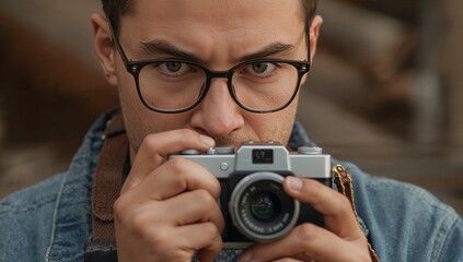 Fototapeta premium Framing photographer holding mirrorless camera in woodpile, with denim jacket and leather strap
