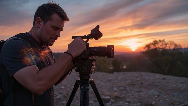 man wearing shirt adjusting pro camera on tripod at rocky clearing with backpack strap, copy space
